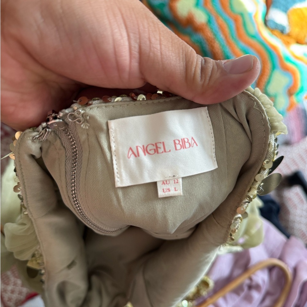 Angel Biba Mykonos Morning Tied Shoulder Sequin Mini Dress in Gold - Picture 5 of 6